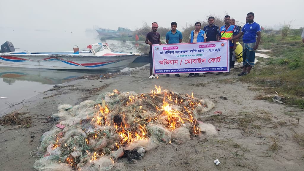 শিবচরের পদ্মা নদী থেকে ২৩ কেজি ইলিশসহ কারেন্ট জাল জব্দ