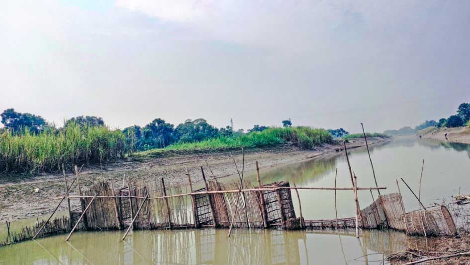 নদীতে বাঁধ দিয়ে মাছ চাষ