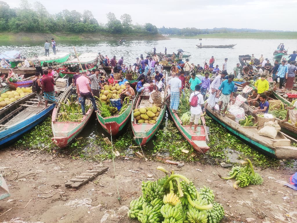 মৌসুমি ফলে জমজমাট কাপ্তাই হ্রদের ‘ভাসমান হাট’