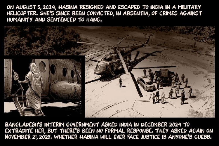 পরিস্থিতি উত্তপ্ত হওয়ার পর ৫ আগস্ট (২০২৪) শেখ হাসিনা পদত্যাগ করেন এবং সামরিক হেলিকপ্টারে করে ভারতে পালিয়ে যান। চলতি মাসে হাসিনার অনুপস্থিতিতে তাঁর বিচার হয়। মানবতাবিরোধী অপরাধে তাঁকে মৃত্যুদণ্ড দেওয়া হয়। ছবি: আল-জাজিরার সৌজন্যে