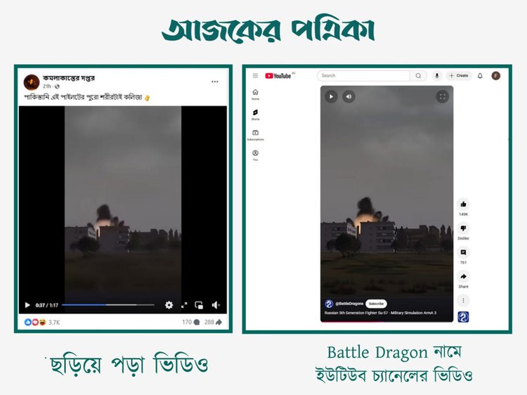 পাকিস্তানের পাইলট ভারতের গুজরাটে বিমানবাহিনীর ঘাঁটি ও ক্ষেপণাস্ত্র সংরক্ষণাগার ধ্বংস করে নিরাপদে ফিরে গেছে দাবিতে ছড়ানো ভিডিওর সঙ্গে Battle Dragon ইউটিউব চ্যানেলের ভিডিওর সাদৃশ্য। ছবি: স্ক্রিনশট