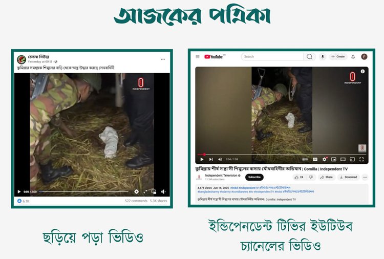 বৈষম্যবিরোধী ছাত্র আন্দোলনের কুমিল্লা জেলার সমন্বয়ক শিমুলের বাড়ি থেকে সেনাবাহিনী অস্ত্র উদ্ধারের দৃশ্য দাবিতে ছড়ানো ভিডিওর সঙ্গে ইন্ডিপেন্ডেন্ট টিভির ইউটিউব চ্যানেলের ভিডিওর সাদৃশ্য। ছবি: স্ক্রিনশট