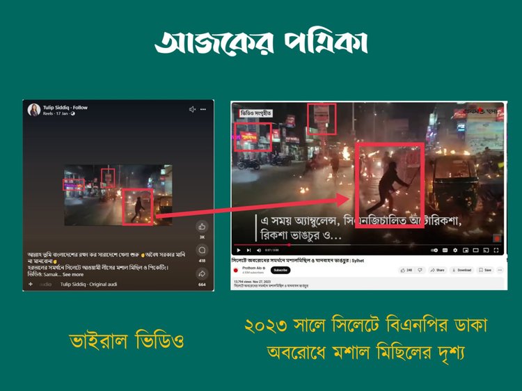 সিলেটে আওয়ামী লীগের মশাল মিছিল ও পিকেটিংয়ের দাবিতে প্রচারিত ভিডিওর সঙ্গে ২০২৩ সালের প্রথম আলোর প্রতিবেদনের ফুটেজের সাদৃশ্য।