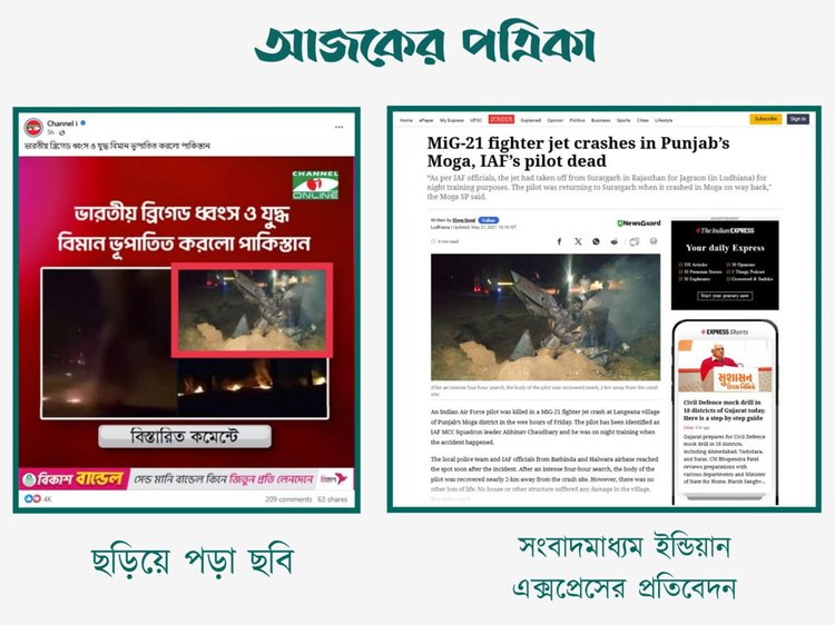 ভারতীয় যুদ্ধবিমান ভূপাতিত করার দৃশ্য দাবিতে দেশের গণমাধ্যমে ব্যবহৃত ছবির সঙ্গে ইন্ডিয়ান এক্সপ্রেসের প্রতিবেদনের ছবির সাদৃশ্য। ছবি: স্ক্রিনশট