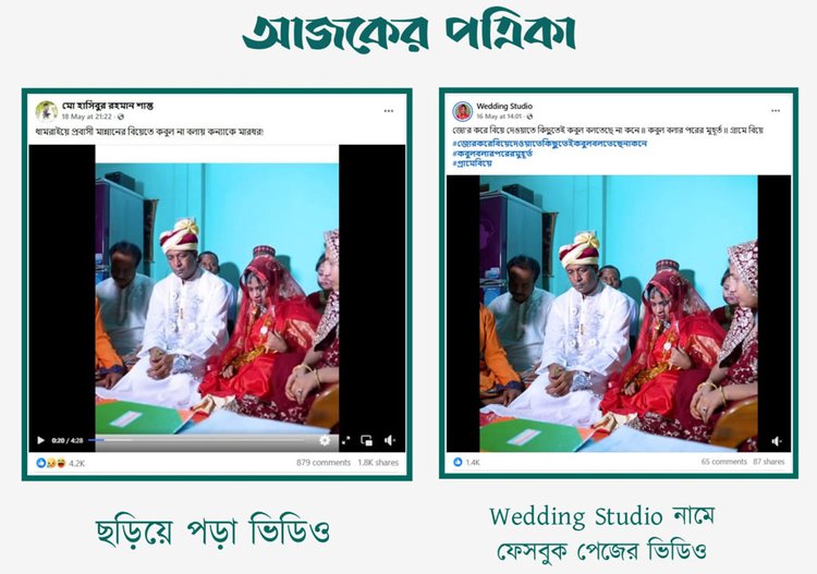 মধ্যবয়সী প্রবাসীর সঙ্গে বিয়েতে রাজি না হওয়ায় কিশোরী কনেকে মারধর করার দাবিতে ছড়ানো ভিডিওর সঙ্গে Wedding Studio পেজে প্রকাশিত ভিডিওর সাদৃশ্য। ছবি: স্ক্রিনশট