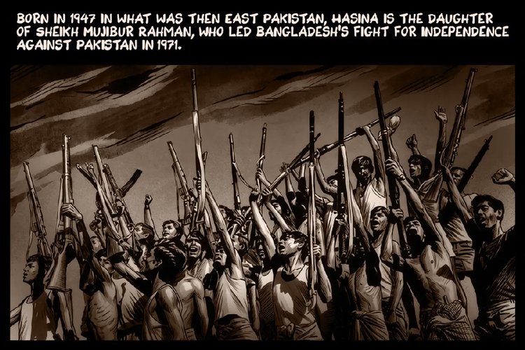 তিনি বঙ্গবন্ধু শেখ মুজিবুর রহমানের কন্যা, যিনি ১৯৭১ সালের মুক্তিযুদ্ধে বাংলাদেশের স্বাধীনতা সংগ্রাম নেতৃত্ব দেন। ছবি: আল-জাজিরার সৌজন্যে