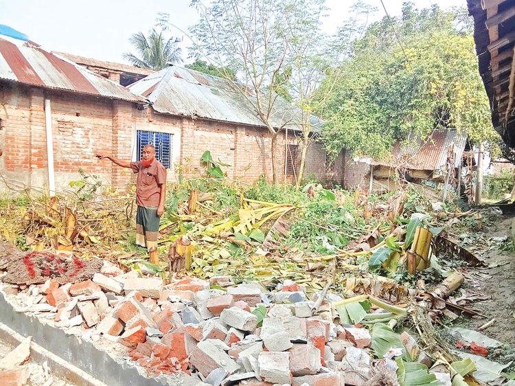 রাজশাহীর বাগমারা উপজেলার বাইগাছা গ্রামের এমরান আলীর সাড়ে ৬ শতক জায়গা দখলে নিতে প্রাচীর ভেঙে কেটে ফেলা হয় গাছ। ছবি: আজকের পত্রিকা