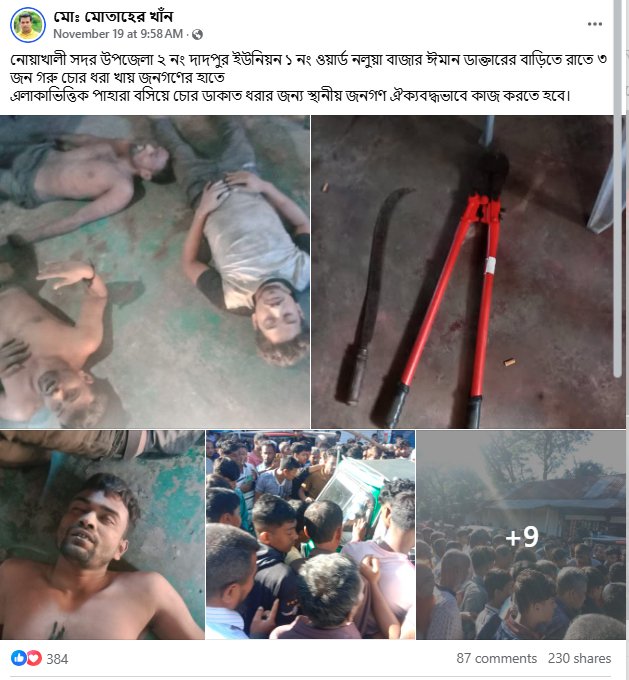 নোয়াখালীতে যুবলীগ নেতা–কর্মীদেরকে নির্যাতনের ভুয়া দাবি, প্রকৃত ঘটনা গরুর চুরির। ছবি: ফেসবুক