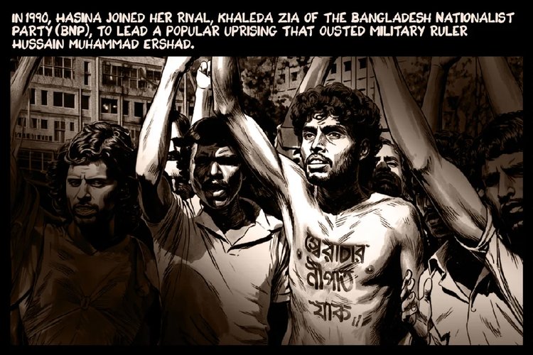 ১৯৯০ সালে হাসিনা তাঁর রাজনৈতিক প্রতিপক্ষ বিএনপির চেয়ারপারসন খালেদা জিয়ার সঙ্গে মিলে তৎকালীন সামরিক শাসক হুসেইন মুহম্মদ এরশাদের বিরুদ্ধে ‘স্বৈরাচারবিরোধী’ নেতৃত্ব দেন। ওই আন্দোলনে এরশাদের পতন ঘটে। ছবি: আল-জাজিরার সৌজন্যে