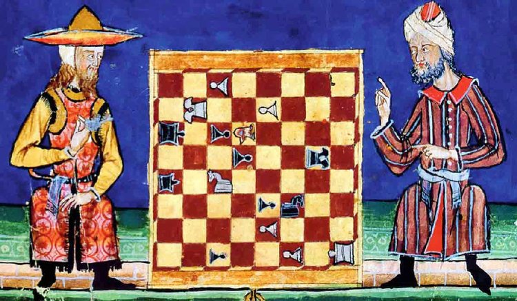 একজন ইহুদি ও একজন মুসলিম দাবা খেলছেন, ‘El Libro de los Juegos’ বই থেকে চিত্রটি নেওয়া। ছবি: উইকিমিডিয়া কমন্স