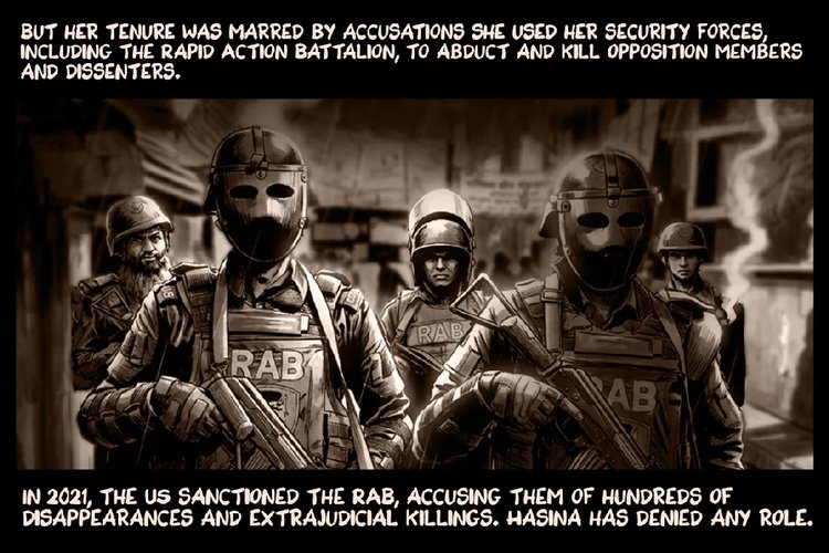 তবে পুরো সময়জুড়ে তাঁর বিরুদ্ধে ছিল মানবাধিকার লঙ্ঘনের অভিযোগ। বিরোধী নেতা-কর্মী এবং ভিন্নমতাবলম্বীদের তুলে নেওয়া, নির্যাতন ও হত্যা—এসব অভিযোগে বিশেষভাবে অভিযুক্ত ছিল র‍্যাপিড অ্যাকশন ব্যাটালিয়ন (র‌্যাব)। ২০২১ সালে শত শত গুম ও বিচারবহির্ভূত হত্যার অভিযোগে যুক্তরাষ্ট্র র‌্যাবের ওপর নিষেধাজ্ঞা দেয়। তবে শেখ হাসিনা এসব অভিযোগ সব সময়ই অস্বীকার করেছেন। ছবি: আল-জাজিরার সৌজন্যে