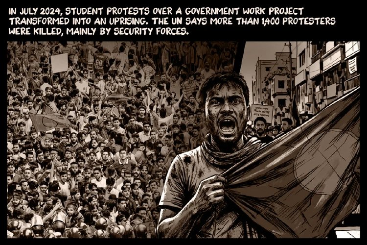 ২০২৪ সালের জুলাইয়ে সরকারি চাকরিতে কোটি নিয়ে ছাত্রদের বিক্ষোভ দ্রুত ব্যাপক বিদ্রোহে রূপ নেয়। জাতিসংঘের হিসাবে, ওই সময় নিরাপত্তা বাহিনীর হাতে প্রায় ১ হাজার ৪০০-এর বেশি বিক্ষোভকারী নিহত হন। ছবি: আল-জাজিরার সৌজন্যে