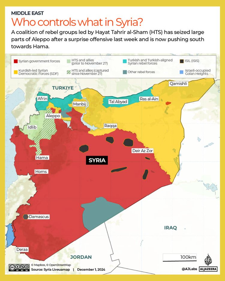 সিরিয়ার কোন এলাকা কার নিয়ন্ত্রণে তা দেখানো হয়েছে মানচিত্রে। ছবি: আল-জাজিরার সৌজন্যে