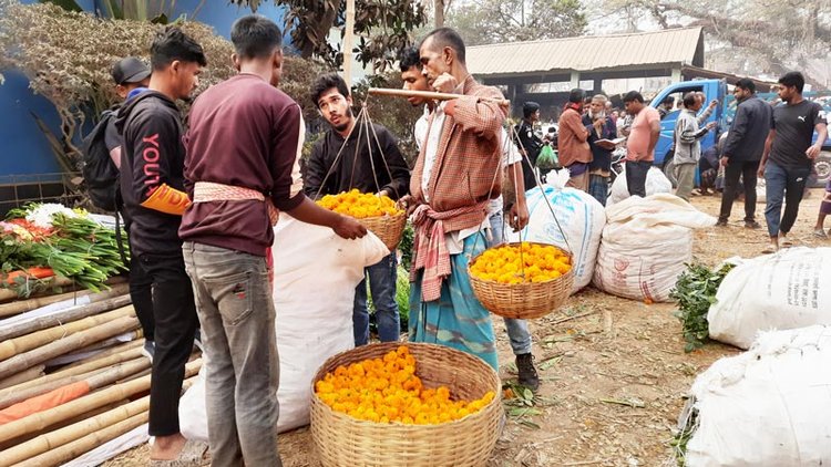 ২১ ফেব্রুয়ারি আন্তর্জাতিক মাতৃভাষা ও শহীদ দিবস উপলক্ষে গতকাল বুধবার যশোরের ঝিকরগাছার গদখালীতে ফুল বেচাকেনা। ছবি: আজকের পত্রিকা