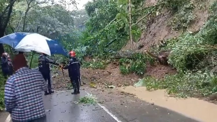 চট্টগ্রাম-কাপ্তাই সড়কে গাছ উপড়ে পড়ে এবং পাহাড়ধসের কারণে যান চলাচল বন্ধ হয়ে গেছে। ছবি: আজকের পত্রিকা