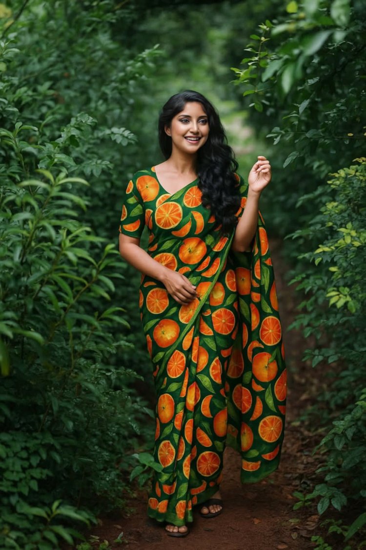 শাড়িতে গ্রীষ্মের ফল। ছবি: হরিতকি
