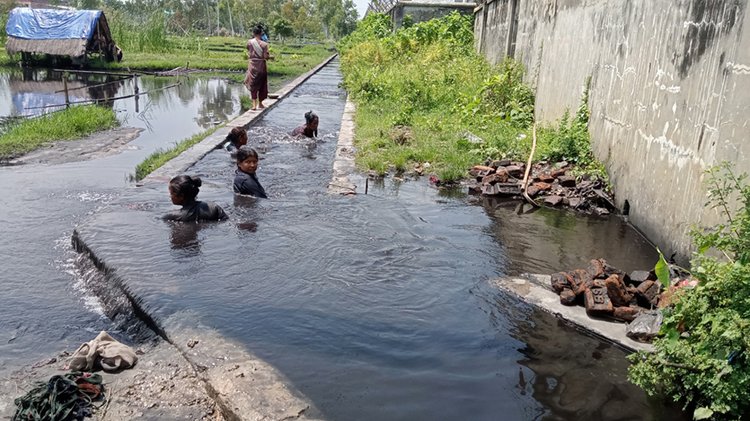 নালার পানিতে নেমে কয়লার ডাস্ট সংগ্রহ করছেন কয়েকজন নারী ও শিশু। ছবি: আজকের পত্রিকা