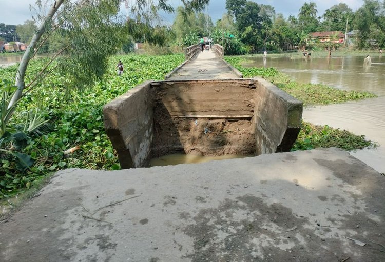 পাটগ্রামের নতুনহাট এলাকায় সাকোয়া নদীর সেতু ভেঙে গেছে। ছবি: আজকের পত্রিকা