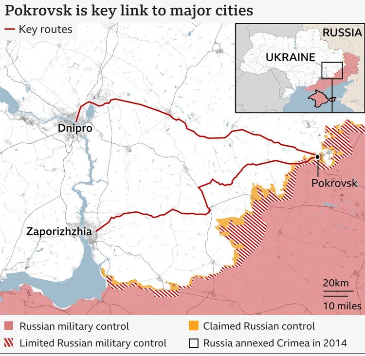পোকরভস্ককে কেন্দ্র করে তীব্র লড়াই চালিয়ে যাচ্ছে রাশিয়া। ঠেকানোর সর্বাত্মক চেষ্টা করছে ইউক্রেন। ছবি: বিবিসির সৌজন্যে