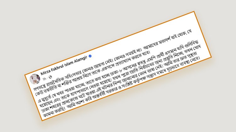 বিএনপির মহাসচিব মির্জা ফখরুল ইসলাম আলমগীরের ফেসবুক পোস্ট। ছবি: সংগৃহীত