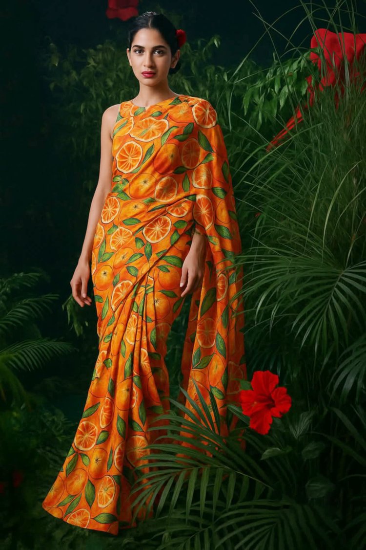 শাড়িতে গ্রীষ্মের ফল। ছবি: হরিতকি