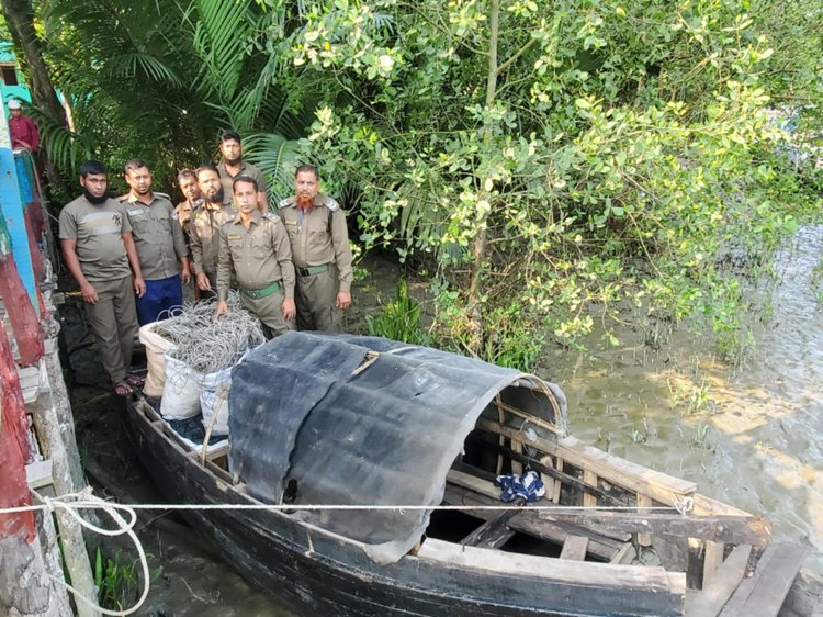 পূর্ব সুন্দরবনে হরিণ শিকারের ৬ বস্তা ফাঁদ ও ট্রলার জব্দ করল বন বিভাগ। ছবি: আজকের পত্রিকা