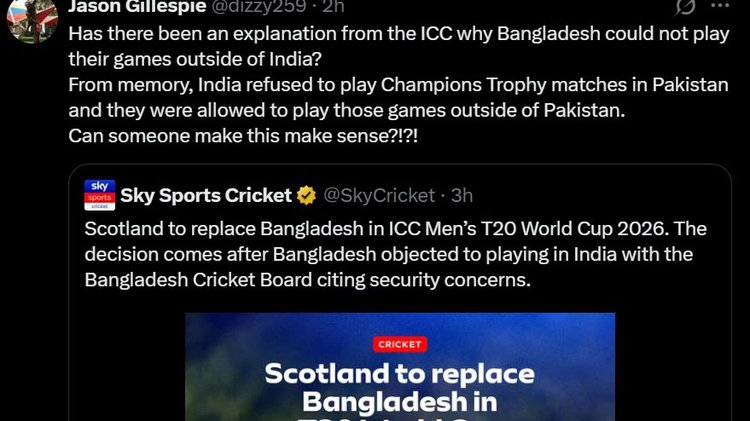 বিশ্বকাপ থেকে বাংলাদেশকে আইসিসি বাদ দেওয়ার পর এই পোস্ট দিয়েছিলেন জেসন গিলেস্পি। পরে তিনি এটা সরিয়ে নিয়েছেন। ছবি: এক্স