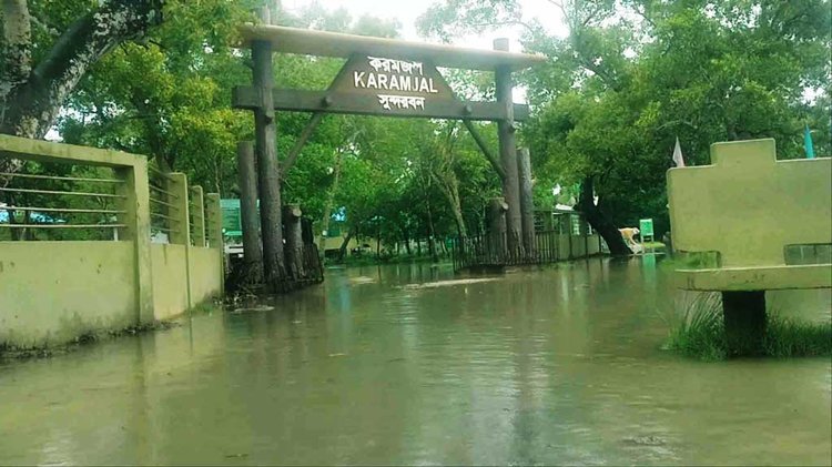 করমজল, সুপতি, ভোলা, কটকা ও দুবলা এলাকায় বন বিভাগের পাঁচটি মিষ্টি পানির পুকুর লবণ পানিতে নিমজ্জিত হয়েছে। ছবি: আজকের পত্রিকা