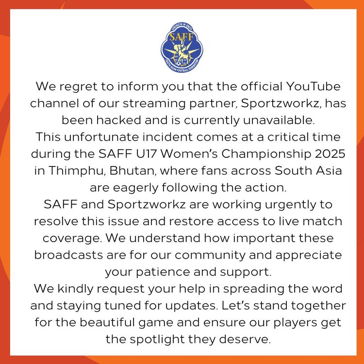 স্পোর্টসওয়ার্কজ ইউটিউব চ্যানেল হ্যাক হওয়ায় বাংলাদেশের ম্যাচ সম্প্রচার হওয়া নিয়ে তৈরি হয়েছে জটিলতা। ছবি: সাফ