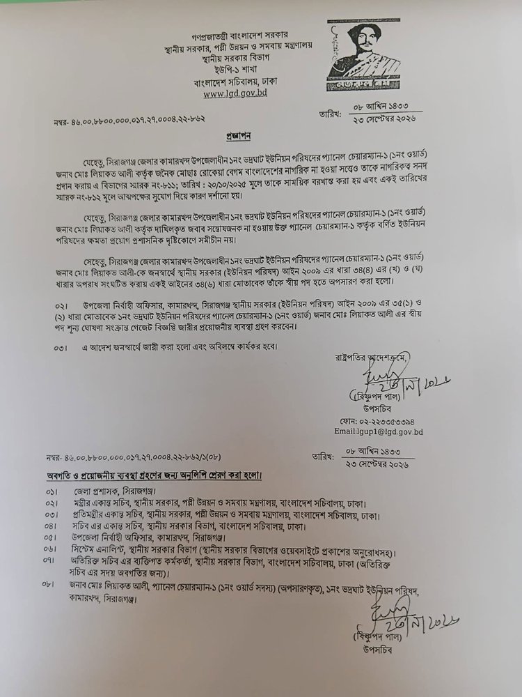 রাষ্ট্রপতির আদেশক্রমে উপসচিব বিষ্ণুপদ পাল স্বাক্ষরিত প্রজ্ঞাপন। ছবি: সংগৃহীত