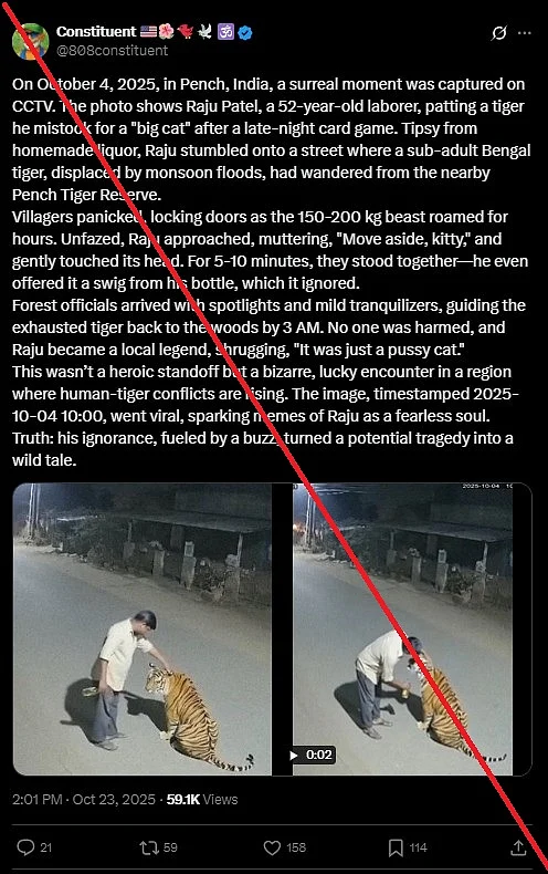 বাঘকে বোতল থেকে মদ খাওয়ার দাবি করা ভিডিওর ক্যাপশন, যেখান থেকেই গুজব ছড়িয়ে পড়ে। ছবি: সংগৃহীত