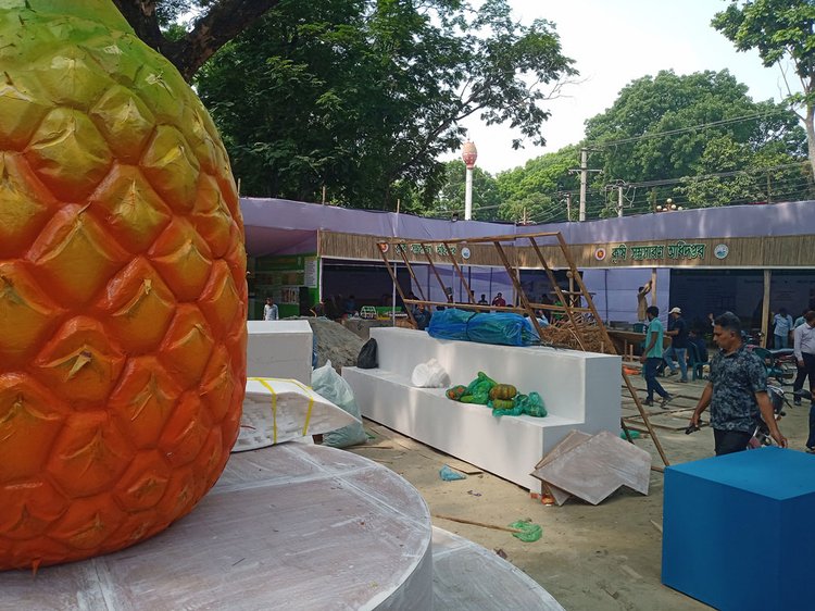 টাঙ্গাইলের কৃষি মেলার স্টল সাজাচ্ছেন বিভিন্ন দপ্তরের লোকজন। ছবি: আজকের পত্রিকা