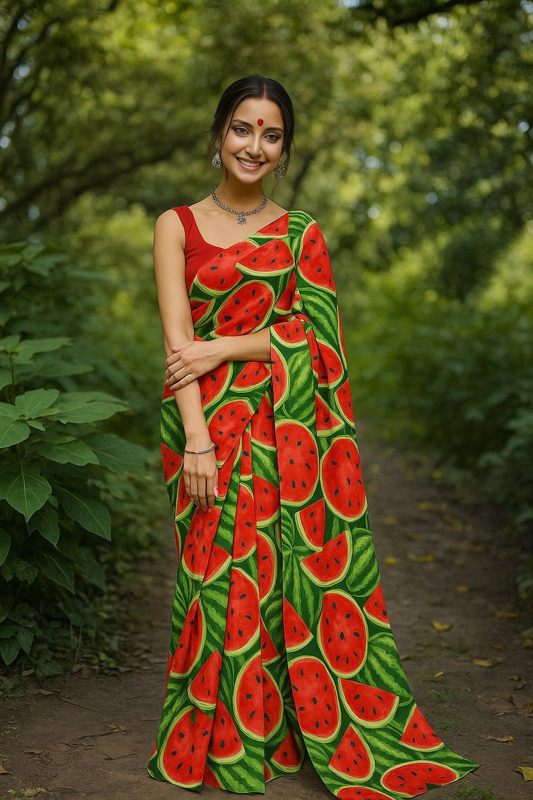 শাড়িতে গ্রীষ্মের ফল। ছবি: হরিতকি