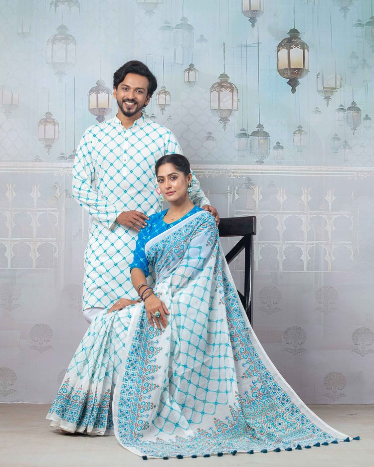নীল-সাদা পোশাকের ক্ষেত্রে সুতি, লিনেন কিংবা আর্টিফিশিয়াল সিল্কের চল এবার বেশি। ছবি সৌজন্য: রঙ বাংলাদেশ