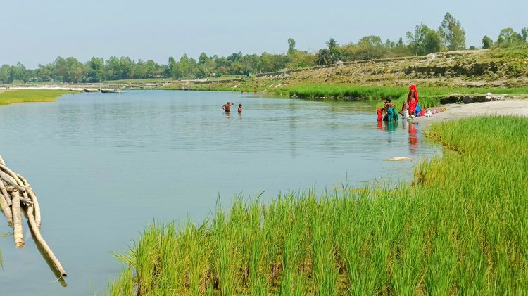 নদীর পানিতে গোসল করছেন এলাকার লোকজন।