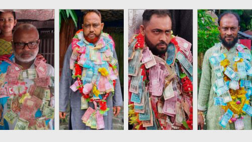 টাকার মালায় জয়ীদের বরণ