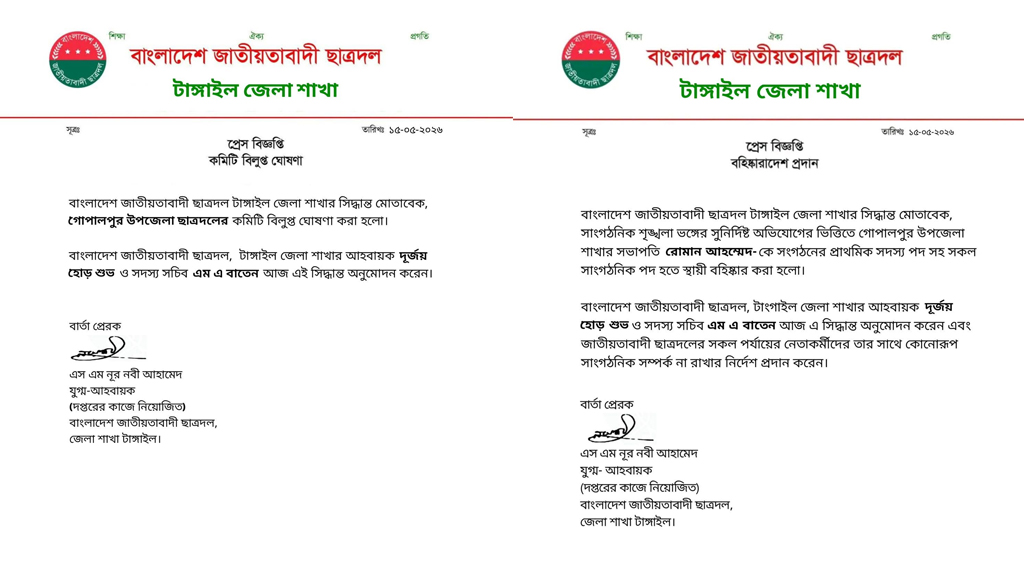 গোপালপুর উপজেলা ছাত্রদলের কমিটি বিলুপ্ত, সভাপতি বহিষ্কার