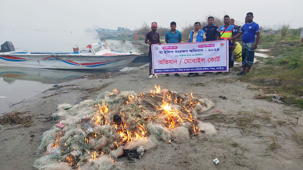 শিবচরের পদ্মা নদী থেকে ২৩ কেজি ইলিশসহ কারেন্ট জাল জব্দ