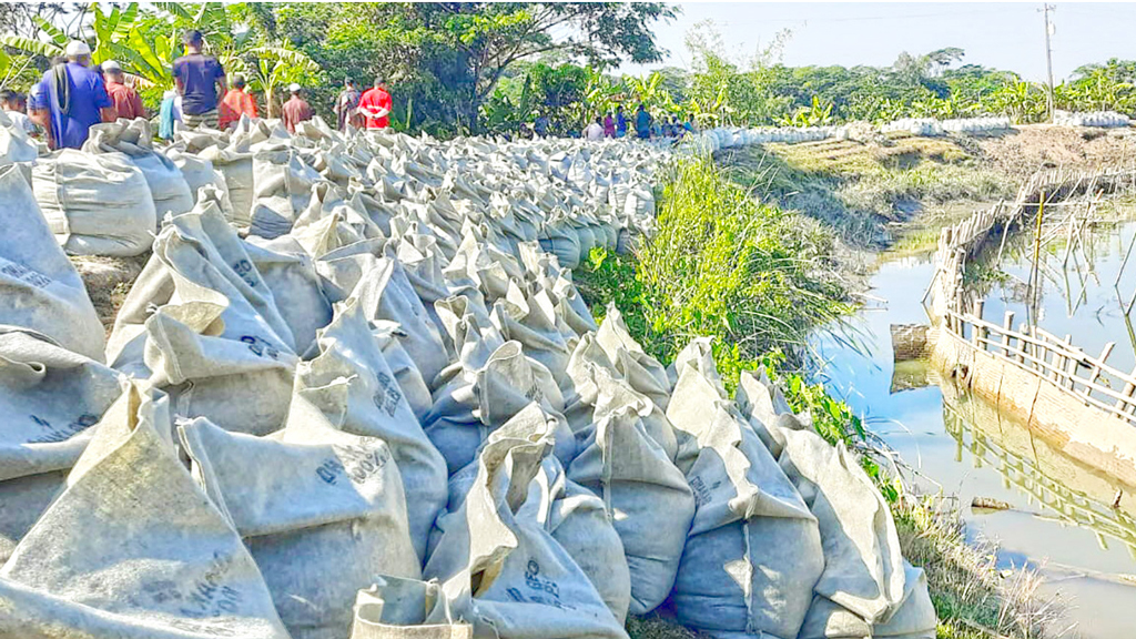 সিমেন্ট নয়, বালু দিয়ে জিও ব্যাগ বোঝাই