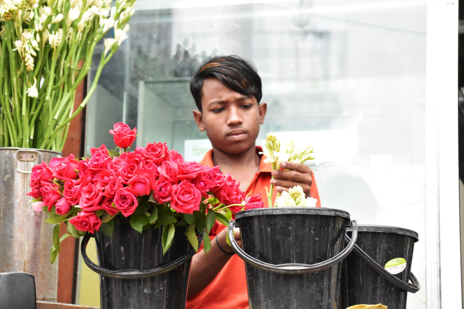 দোকানে ফুলের যত্ন করছে এক দোকানি। সাহেব বাজার, রাজশাহী। ১ এপ্রিল, ২০২৩। ছবি: মিলন শেখ