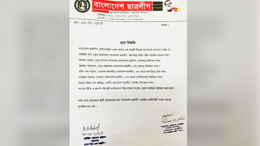 সাঈদীকে নিয়ে ফেসবুকে স্ট্যাটাস, ব্রাহ্মণবাড়িয়ায় ছাত্রলীগের ৬ নেতা-কর্মী বহিষ্কার