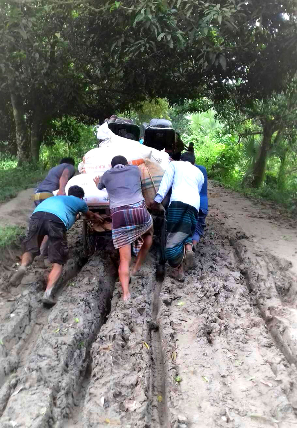 তিন কিলোমিটার মেঠো রাস্তা দিয়ে চলাচল করেন ১৬টি গ্রামের কমপক্ষে ১৮ হাজার মানুষ। বর্ষায় জল আর কাদায় ভয়াবহ অবস্থা হয় পথটির। গ্রামবাসীদের চলাচলের পাশাপাশি পণ্য পরিবহনেও হয় সীমাহীন ভোগান্তি। ঘিওর উপজেলার বড়টিয়া ইউনিয়নের করজনা বাজার থেকে নয়াচর পর্যন্ত সড়ক, মানিকগঞ্জ, ২৫ জুলাই ২০২৪। ছবি: আব্দুর রাজ্জাক