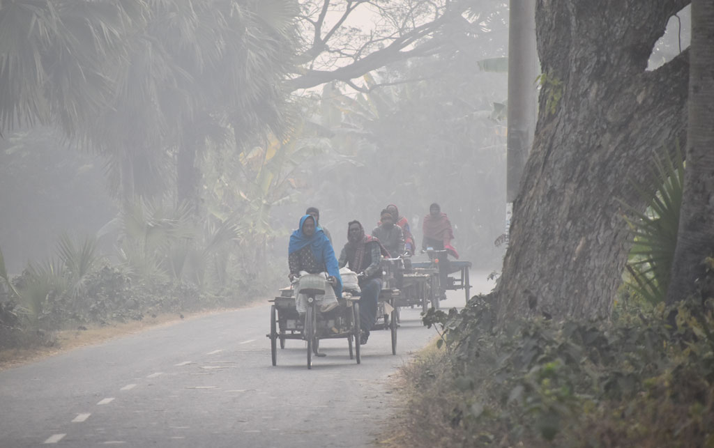কুয়াশাচ্ছন্ন শীতের সকালে মোটা পোশাক গায়ে জড়িয়ে কাজে ছুটছেন মানুষ। রিশিকুল ইউনিয়নের চব্বিশ নগর গ্রাম, গোদাগাড়ী, রাজশাহী। ৩০ জানুয়ারি ২০২৪। ছবি: মিলন শেখ।