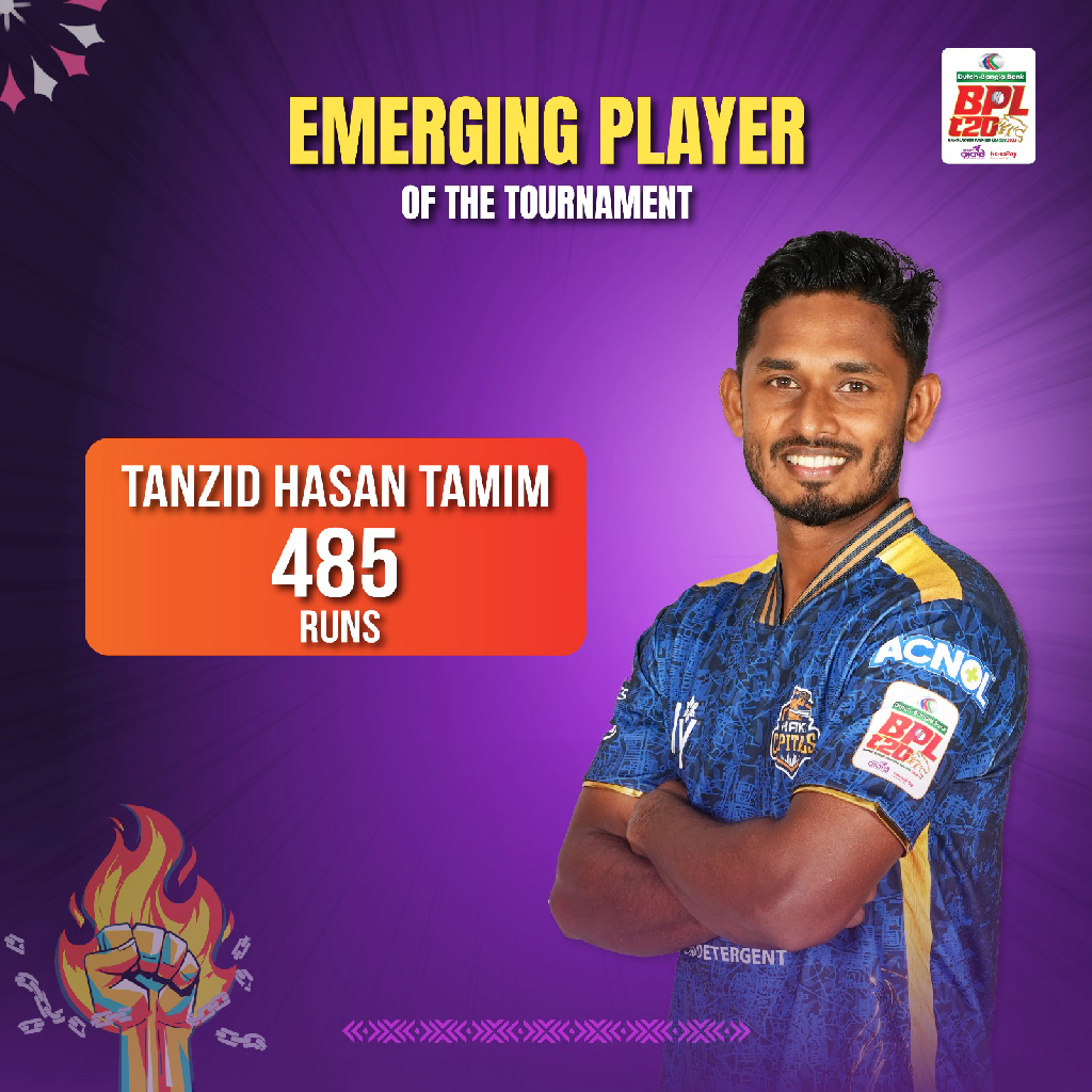 ২০২৫ বিপিএলের উদীয়মান ক্রিকেটার হলেন তানজিদ হাসান তামিম। ছবি: বিসিবি