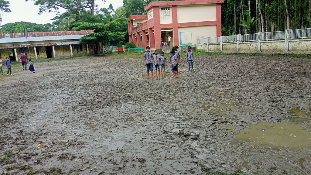 মুলাদীতে কর্দমাক্ত বিদ্যালয় মাঠে দুর্ভোগ, কাদায় পিছলে আহত হচ্ছে শিক্ষার্থীরা