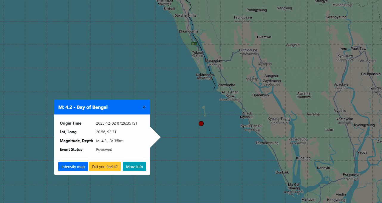 বঙ্গোপসাগরে ফের ভূমিকম্প, উৎপত্তি সেন্ট মার্টিন দ্বীপের দক্ষিণে