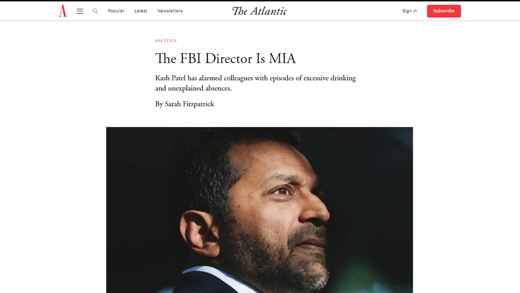 এফবিআই পরিচালকের মদ্যপান ও ফাঁকিবাজির সংবাদ প্রকাশ, আটলান্টিকের বিরুদ্ধে ২৫ কোটি ডলারের মামলা