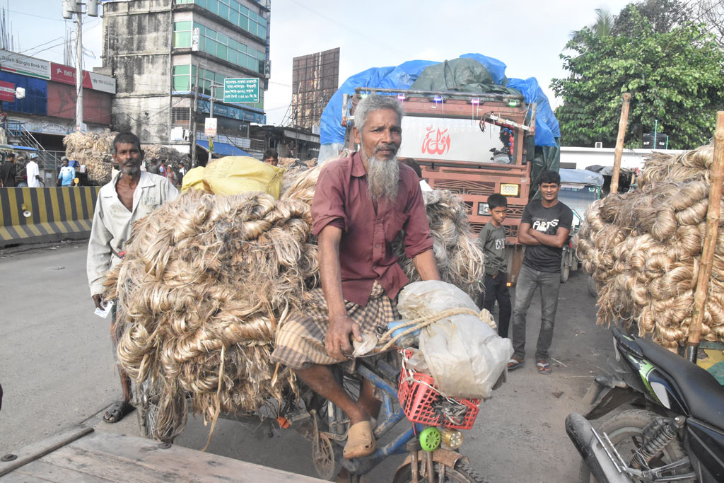 রাজশাহীর পুঠিয়া উপজেলার বানেশ্বর বাজারে জমে উঠেছে পাটের হাট। সপ্তাহে প্রতি শনিবার ও মঙ্গলবার ভোর থেকে সকাল ১০টা পর্যন্ত বসে এই হাট, যেখানে আশপাশের বিভিন্ন গ্রাম থেকে কৃষকেরা তাঁদের উৎপাদিত পাট বিক্রি করতে আসেন। দেশের নানা প্রান্ত থেকে আসা ব্যবসায়ীরা এখান থেকে বর্তমানে মণপ্রতি ৩,৭০০ থেকে ৪,২০০ টাকা দরে পাট সংগ্রহ করছেন। ছবিটি আজ সকাল সাড়ে ৭টায় বানেশ্বর বাজার থেকে তোলা। ছবি: মিলন শেখ