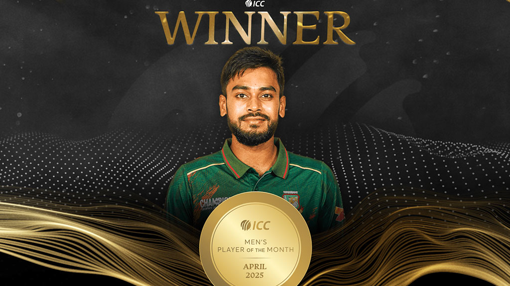 আইসিসির ২০২৫-এর এপ্রিল মাসের সেরা ক্রিকেটার হয়েছেন মেহেদী হাসান মিরাজ। ছবি: আইসিসি