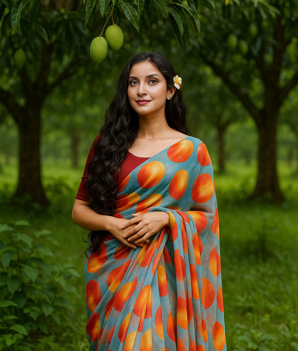 শাড়িতে গ্রীষ্মের ফল। ছবি: হরিতকি